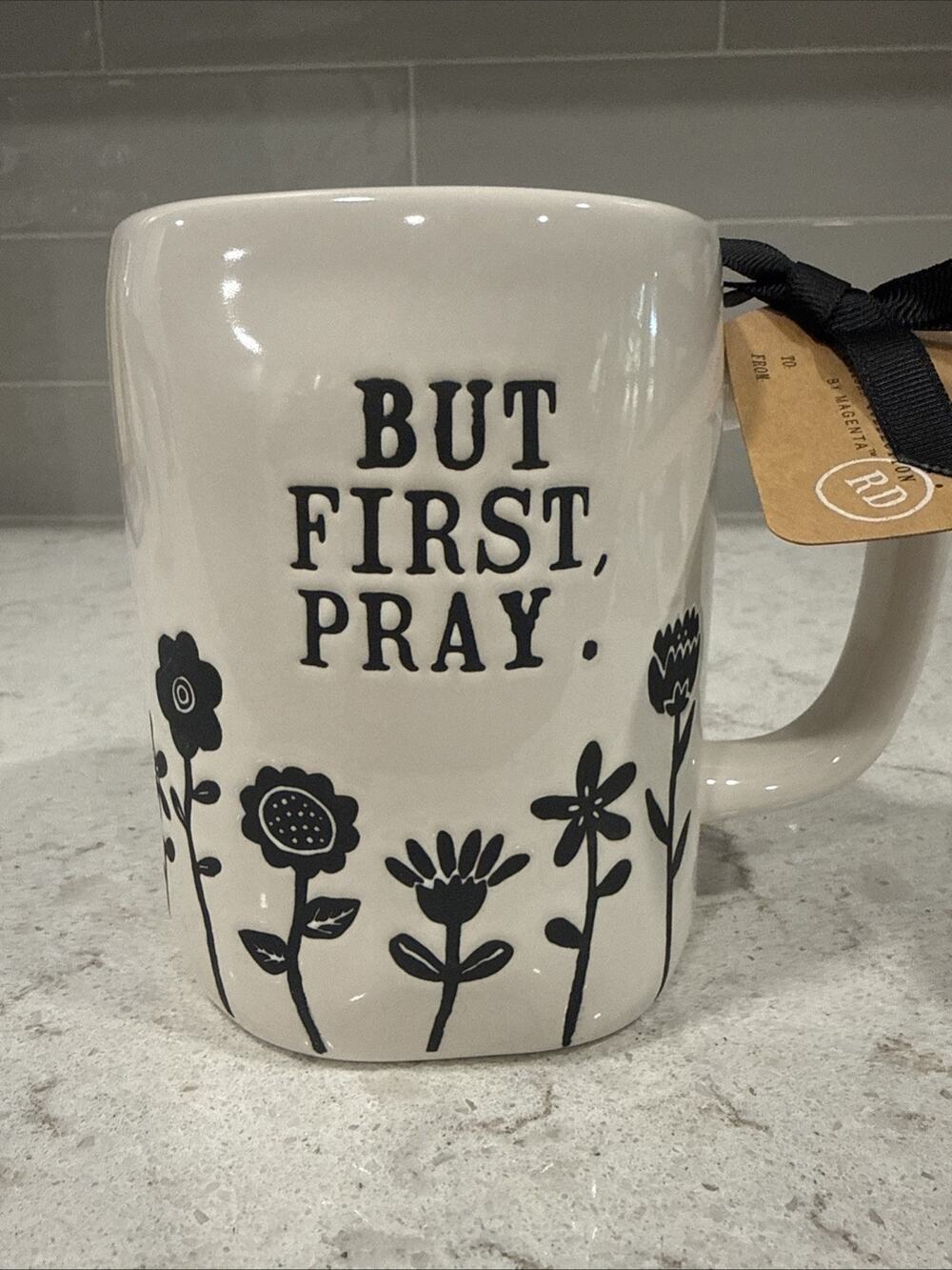 Rae Dunn “BUT FIRST PRAY” Black White Flowers Floral Bible Verse 19oz NEW